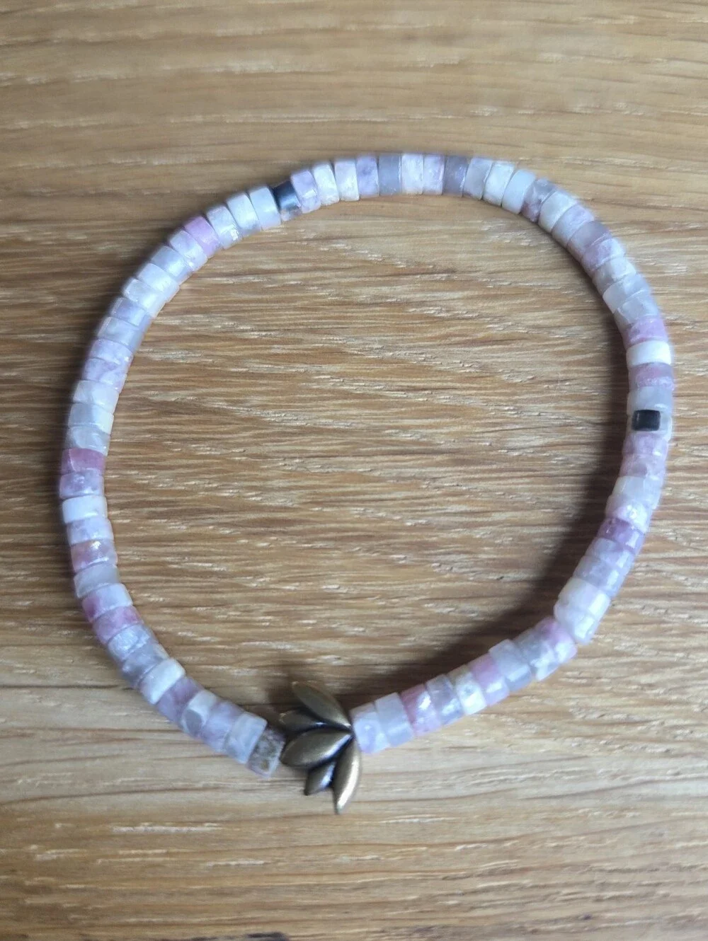 Tourmaline & Lepidolite Beaded Stretch Bracelet with Lotus Accent | Handmade